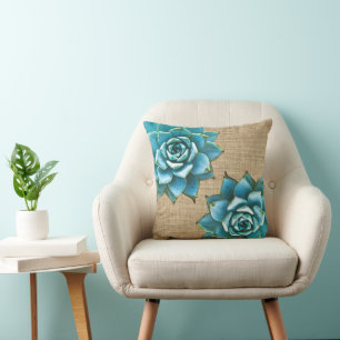 Succulent Watercolor on Tan Burlap Cushion