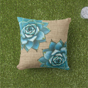Succulent Watercolor on Tan Burlap Outdoor Cushion