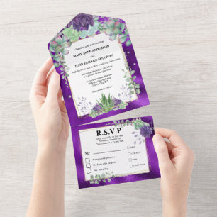 Succulent watercolor peacock colours chic wedding all in one invitation