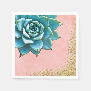 Succulent Watercolor Pink Lace Gold Glitter Napkin