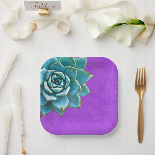 Succulent Watercolor Purple Lace Paper Plate (Wedding)