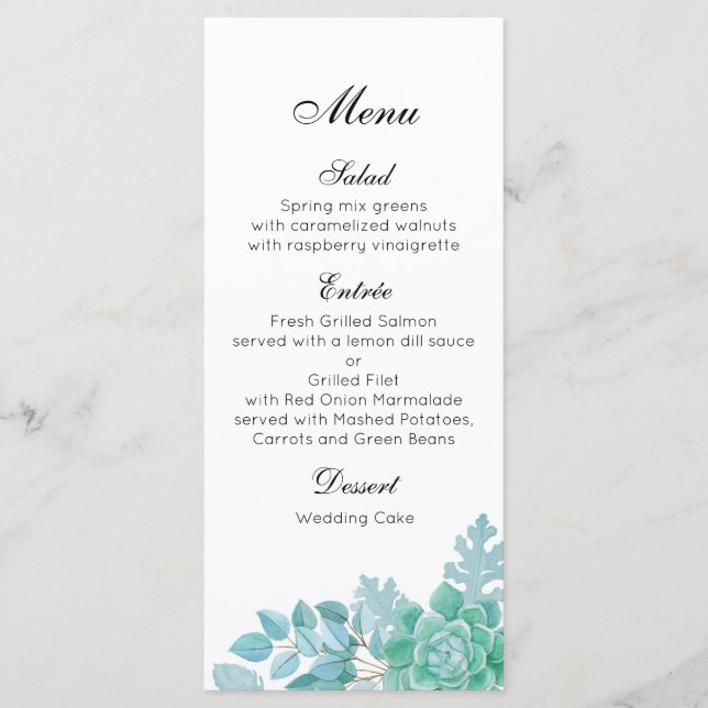 Succulent wedding dinner menu. Cactus menu party (Front)