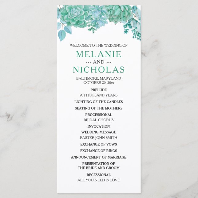 Succulent Wedding Program 3973 (Front)