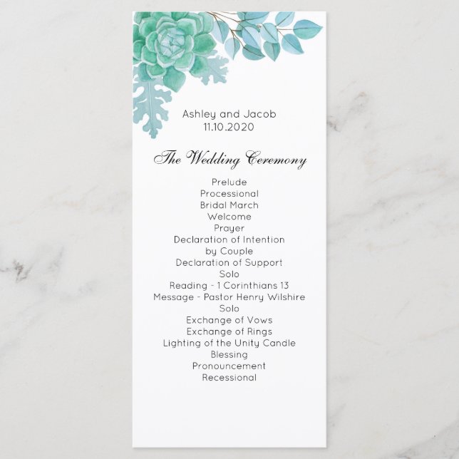 Succulent wedding program. Mint cactus ceremony Program (Front)