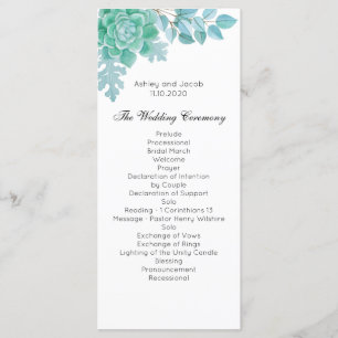 Succulent wedding program. Mint cactus ceremony Program