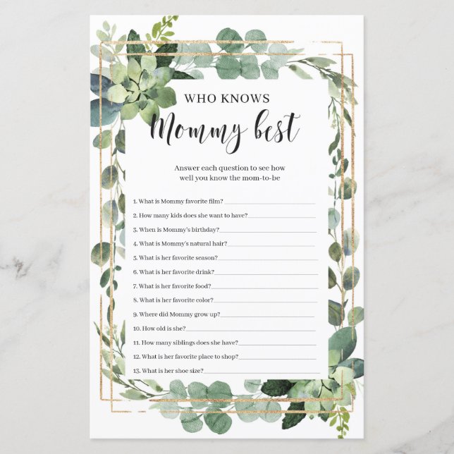 Succulent who knows mummy best baby shower game (Front)