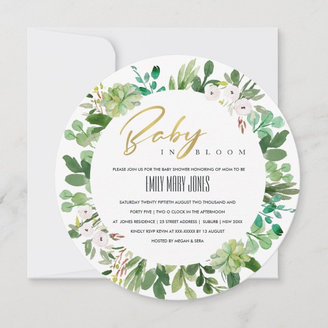 SUCCULENT WREATH FOLIAGE BABY IN BLOOM  SHOWER INVITATION (Front)