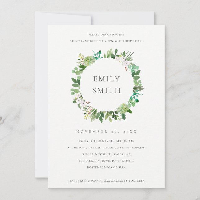 SUCCULENT WREATH FOLIAGE BRUNCH &  BUBBLY INVITE (Front)