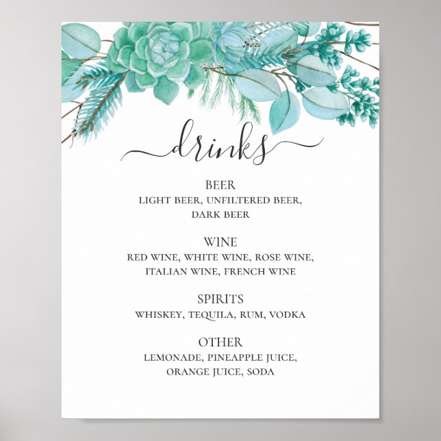 Succulents alcohol bar. Mint floral wedding drinks Poster (Front)