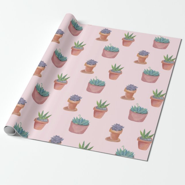 Succulents and cacti on pink background gift wrap (Unrolled)