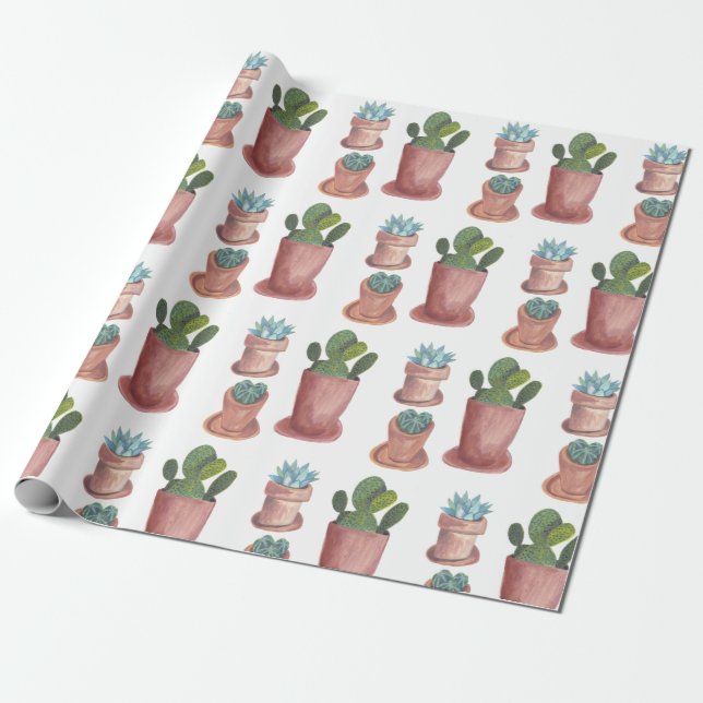 Succulents and cacti on white background gift wrap (Unrolled)