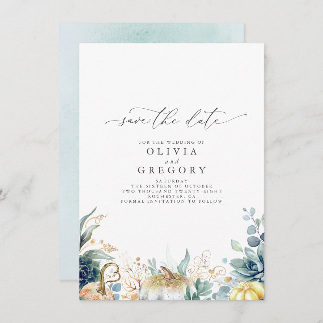 Succulents and Gold Pumpkins Fall Save The Date Announcement (Front/Back)