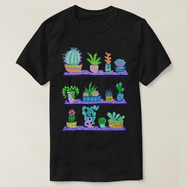 Succulents and Green Cactus on a Shelf T-Shirt (Design Front)