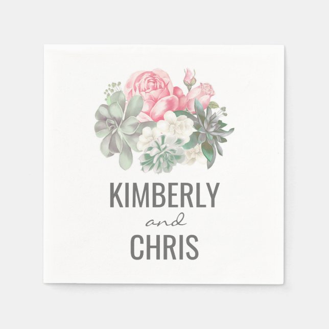 Succulents and Pink Floral Bouquet Wedding Napkin (Front)