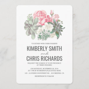 Succulents and Pink Flowers Elegant Simple Wedding Invitation