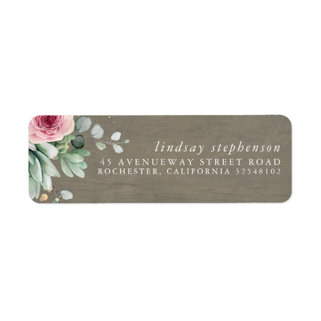 Succulents and Pink Flowers Rustic Wood Return Address Label (Front)