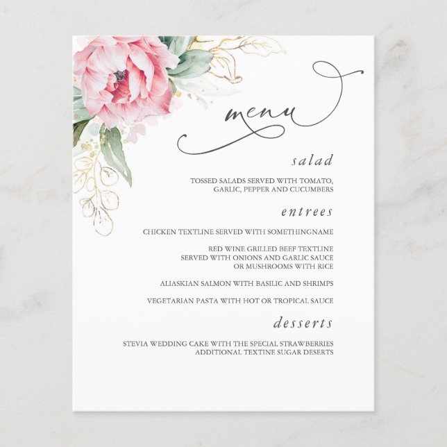 Succulents and Pink Flowers Wedding Menu Elegant (Front)