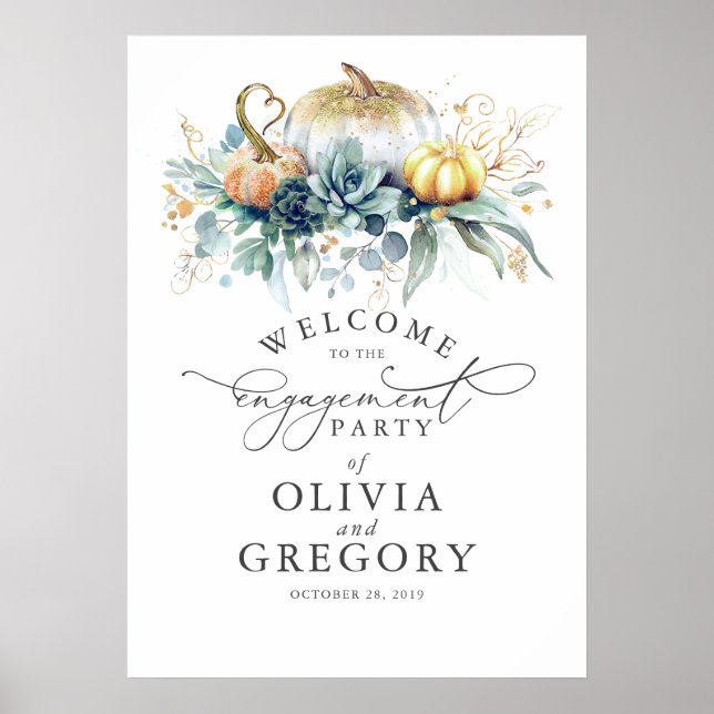 Succulents and Pumpkins Engagement Party Welcome Poster (Front)