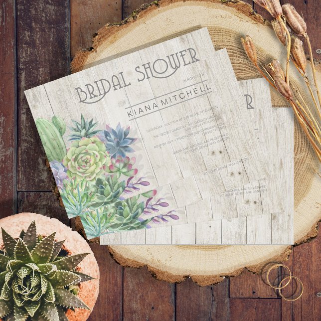 Succulents and Rustic Wood Bridal Shower ID515 Invitation (Front/Back In Situ)