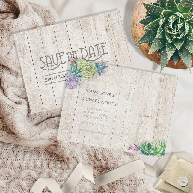 Succulents and Rustic Wood Save the Date ID515 Announcement Postcard (Creator Uploaded)