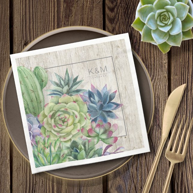 Succulents and Rustic Wood Wedding Border ID515 Napkin (Creator Uploaded)