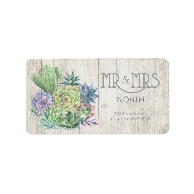 Succulents and Rustic Wood Wedding Mr & Mrs ID515 Label (Front)