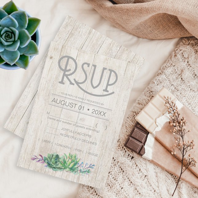 Succulents and Rustic Wood Wedding RSVP ID515 Card (Creator Uploaded)