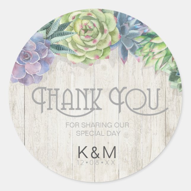 Succulents and Rustic Wood Wedding Thank You ID515 Classic Round Sticker (Front)
