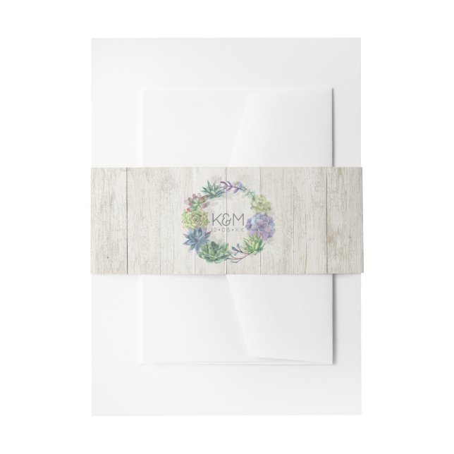 Succulents and Rustic Wood Wedding Wreath ID515 Invitation Belly Band (Front Example)