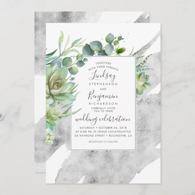 Succulents and Silver Elegant Watercolor Wedding Invitation (Front/Back)