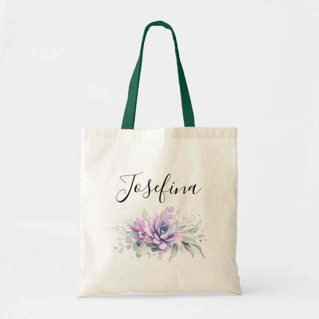 Succulents and Silver Greenery Elegant Script Name Tote Bag (Front)