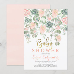 Succulents, anthurium floral baby shower girl invitation