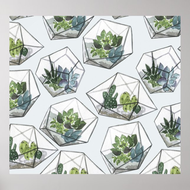 Succulents Aquariums Watercolor Seamless Pattern Poster (Front)