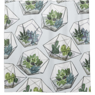 Succulents Aquariums Watercolor Seamless Pattern Shower Curtain