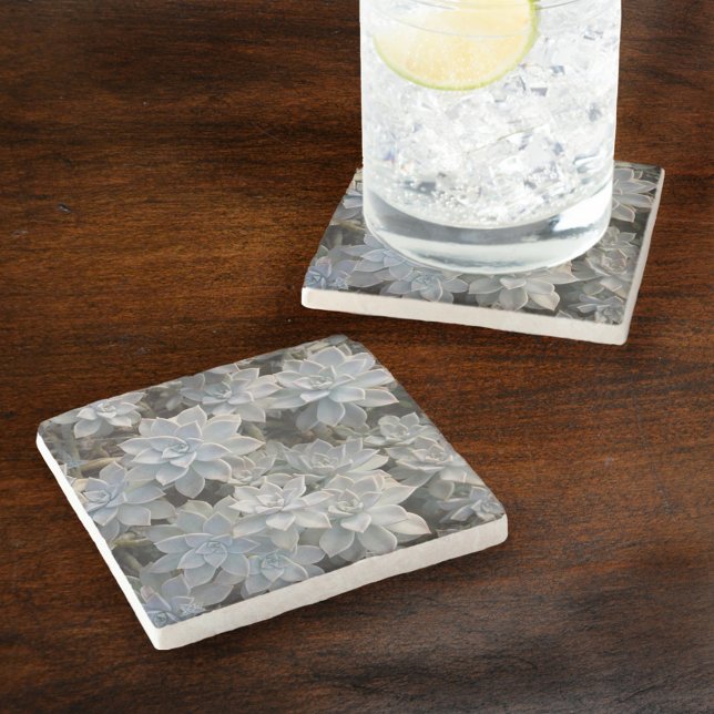 Succulents Botanical Silvery Blue Natural Stone Coaster (Creator Uploaded)