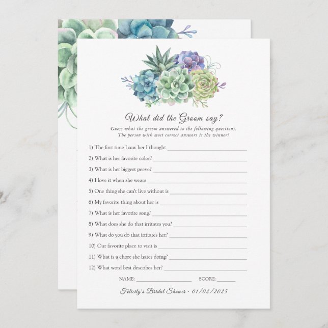Succulents Bridal Shower Game Invitation (Front/Back)