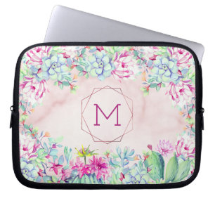 Succulents Cactus Geometric Blush Marble Monogram Laptop Sleeve