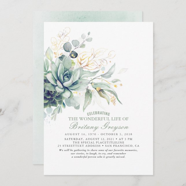 Succulents Celebration of Life Memorial Funeral Invitation (Front/Back)