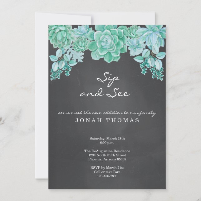 Succulents Chalkboard Sip and See - Gender Neutral Invitation (Front)