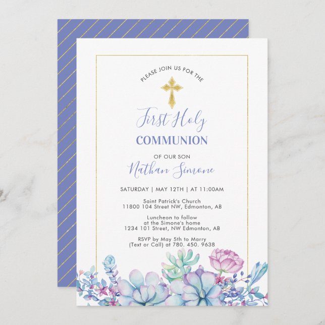 Succulents & Cross |  First Holy Communion Invitation (Front/Back)