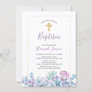 Succulents & Cross   Girl Baptism, Christening Invitation