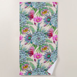 Succulents Echeveria Cactus Flowers Pattern Beach Towel