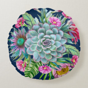 Succulents Echeveria Cactus Flowers Pattern Round Cushion