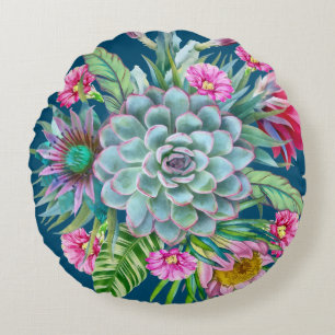Succulents Echeveria Cactus Flowers Pattern Round Cushion