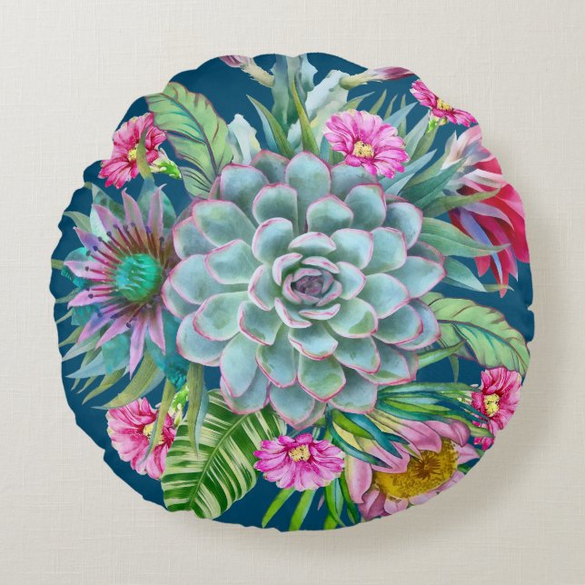 Succulents Echeveria Cactus Flowers Pattern  Round Cushion (Front)