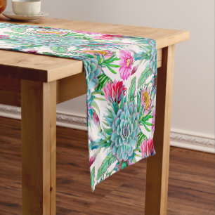 Succulents Echeveria Cactus Flowers Pattern Short Table Runner