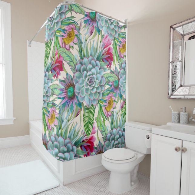 Succulents Echeveria Cactus Flowers Pattern  Shower Curtain (In Situ)