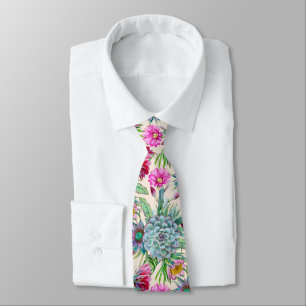 Succulents Echeveria Cactus Flowers Pattern Tie