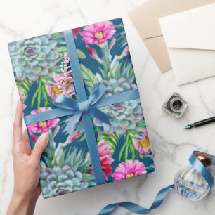 Succulents Echeveria Cactus Flowers Pattern Wrapping Paper
