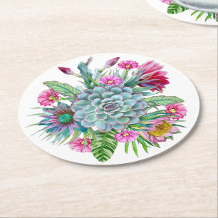 Succulents Echeveria Cactus Flowers Round Paper Coaster